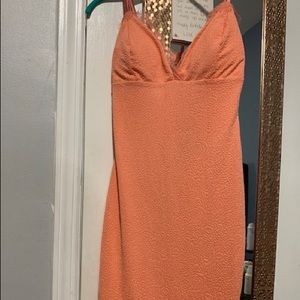 Coral embroidered midi dress with lace trim bust
